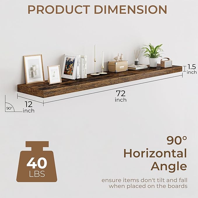 RICHFOCUS Deep Floating Shelves for Wall 2 Pack 12" D 36 Inch Wall Shelves for Room Wall|Wood Hanging Shelf with Invisible Brackets for Bathroom Bedroom Kitchen Laundry Room, Rustic Brown