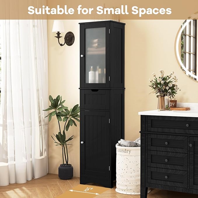 Tangkula 67" Tall Bathroom Storage Cabinet, Slim Freestanding Tower w/ 2 Doors & 1 Drawer, Narrow Floor Cabinet w/Adjustable Shelves & Tempered Glass Door for Bathroom Living Room (Black)