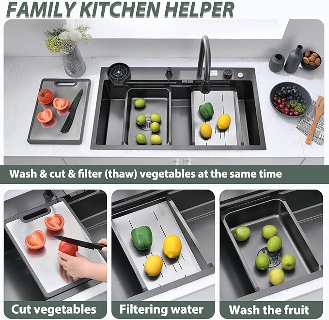 Black Kitchen Sink with bottom screen, 33 Inch Nano Stainless Steel Waterfall, Countertop Workstation Single Sink Set & Accessories, for Countertop, Kitchen, Bar (BLACK, 33IN)