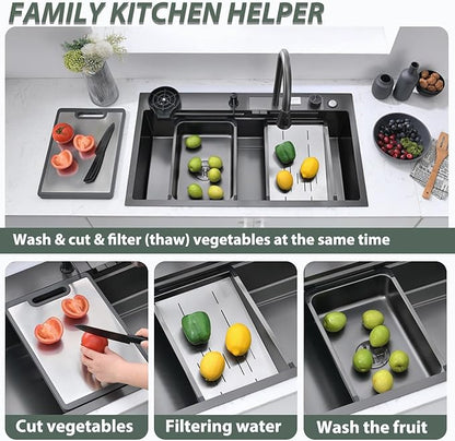 Black Kitchen Sink, 27 Inch Nano Stainless Steel Waterfall, Countertop Workstation Single Sink Set & Accessories, for Countertop, Kitchen, Bar (BLACK, 27 x 18 IN)