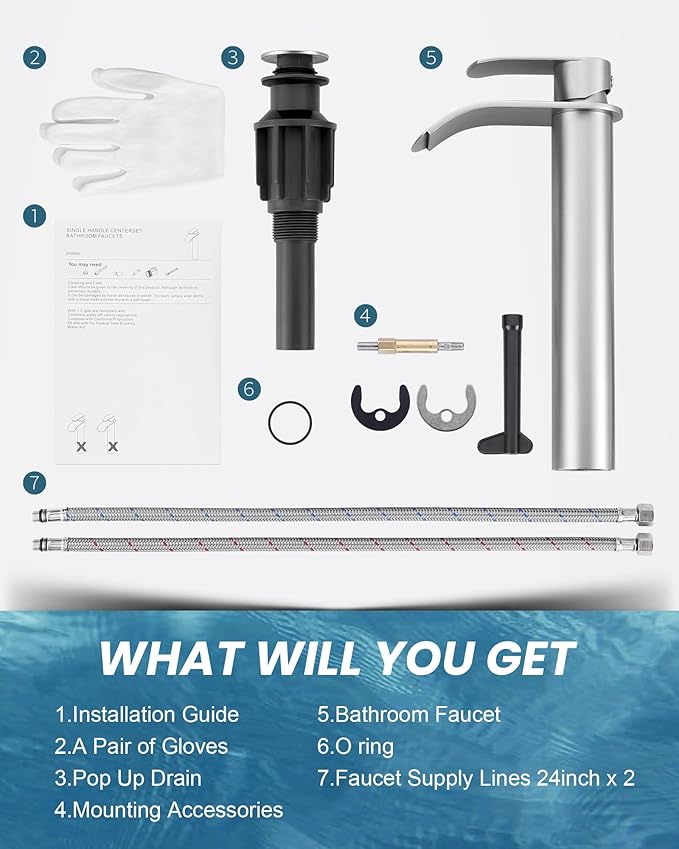 Vessel Sink Faucet Brushed Nickel for Bathroom：WOWOW Single Handle Tall Bathroom Faucet - Waterfall Single Hole Mixer Bar Tap with Large Rectangular Spout, Deck Mount Lavatory Vanity with Pop Up Drain