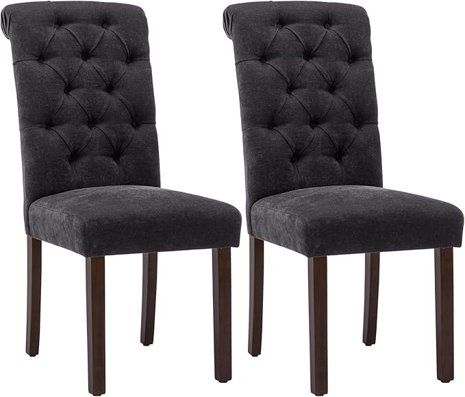 Tufted Dining Chairs Set of 2, Upholstered Parsons Dining Room Chairs, Fabric Kitchen Side Chair with Wood Legs, Black