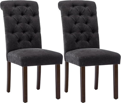 Tufted Dining Chairs Set of 2, Upholstered Parsons Dining Room Chairs, Fabric Kitchen Side Chair with Wood Legs, Black