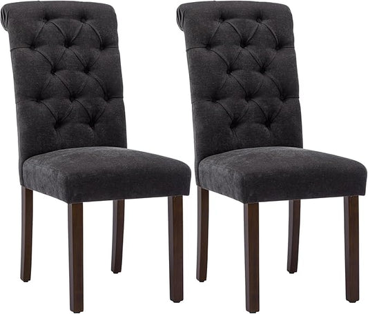 Tufted Dining Chairs Set of 2, Upholstered Parsons Dining Room Chairs, Fabric Kitchen Side Chair with Wood Legs, Black