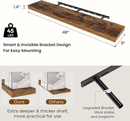 Dreamland 48 Inches Floating Shelves for Wall, 9.3 Inch Deep Floating Shelves Set of 2, Large Display & Storage Shelf, Wall Shelf for Bathroom Bedroom Living Room Kitchen Office,Rustic Brown