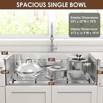 33x22 Inch Kitchen Sink Black Drop In Stainless Steel Kitchen Sinks 16 Gauge Single Bowl Workstation Luxury Top Mount Sink with 6 Accessories Include Glass Rinser (Brushed Nickel)