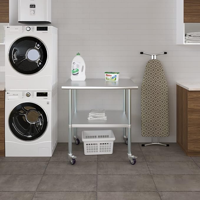 Stainless Steel Work Table with Wheels | NSF Kitchen Island Food Prep | Laundry Garage Utility Bench (Table + Wheels, 36" Long x 30" Deep)