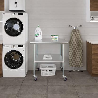 Stainless Steel Work Table with Wheels | NSF Kitchen Island Food Prep | Laundry Garage Utility Bench (Table + Wheels, 36" Long x 30" Deep)