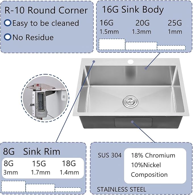 28X18 Inch Drop In Kitchen Sink, Topmount Stainless Steel Brushed Nickel Single Bowl Kitchen Sink, Extra-thick 16 Gauge Kitchen Sinks For RV Laundry Utility with Basket Strainer