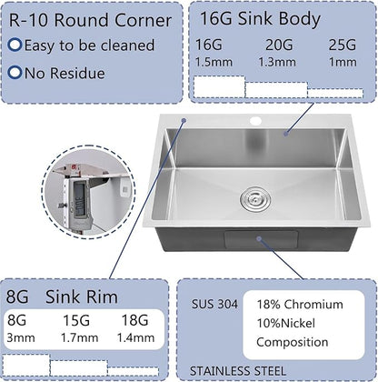 28X18 Inch Drop In Kitchen Sink, Topmount Stainless Steel Brushed Nickel Single Bowl Kitchen Sink, Extra-thick 16 Gauge Kitchen Sinks For RV Laundry Utility with Basket Strainer