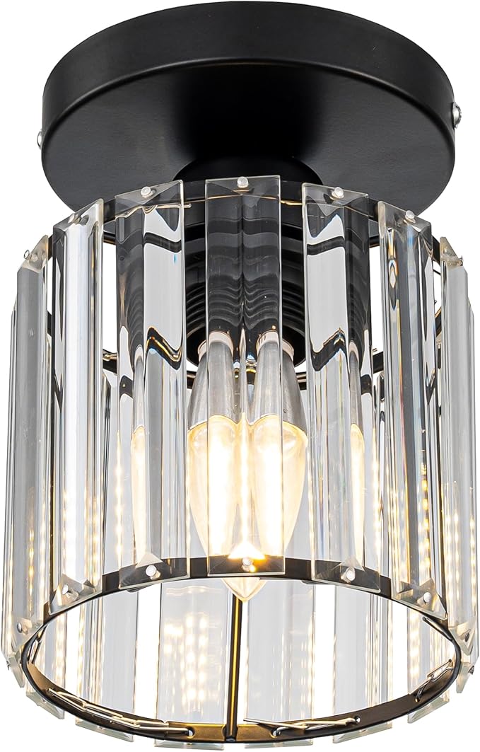 Crystal Ceiling Light, Modern Industrial Semi Flush Mount Ceiling Light Fixtures, E26 Black Indoor Lighting Fixture for Hallway, Entryway, Bathroom, Kitchen, Dining Room, 1-Light