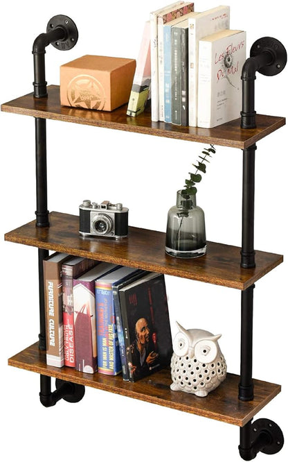 IBUYKE Industrial Pipe Shelves, Pipe Floating Shelves, Rustic Wall Mount Bookcase, 3-Tiers, 23.6" Metal Bracket Storage Wall Shelf for Bedroom, Kitchen, Living Room, Bathroom RF-TM003
