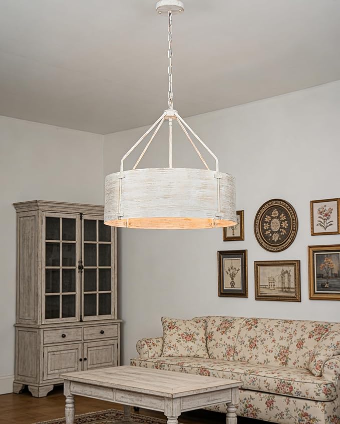 Drum Chandeliers for Dining Room,22" Distressed White Metal Dining Room Light Fixture Over Table, Industrial Vintage Rustic French Pendant Light for Kitchen,Entryway,Living Room