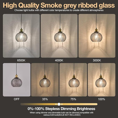7.8in Vintage Pendant Light 1- Light Kitchen Sink Pendant Lights with Smoke Gray Hand Blown Glass Small Hanging Lamp for Kitchen Island Dining Room Bedroom Bathroom Hallway E26