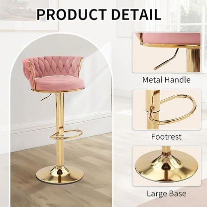 VECELO Bar Stools Set of 4, Adjustable Barstools Counter Height Stools with Back and Arm, Velvet Woven Kitchen Island Stools w/Gold Metal Leg Base, 360° Swivel Bar Stools, Pink