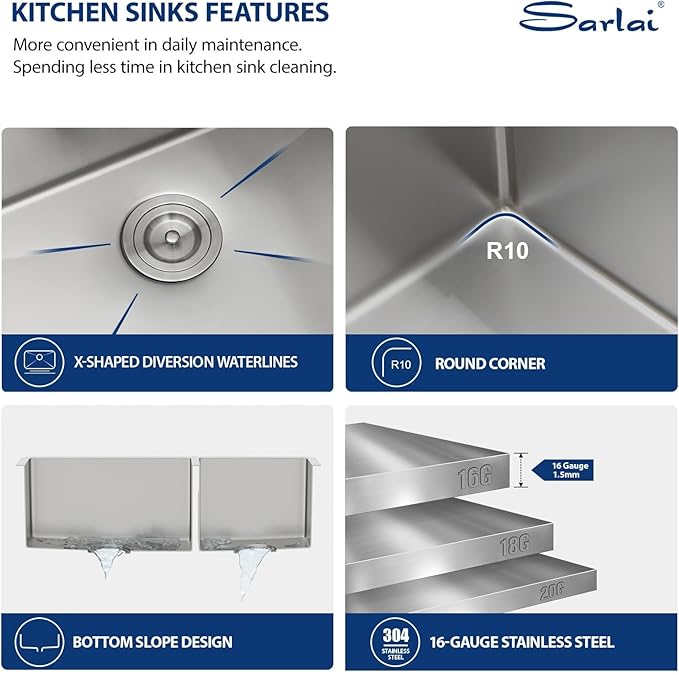 Sarlai 33 Undermount Kitchen Sink Double Bowl - 33x19 Inch Kitchen Sink Undermount 60/40 Stainless Steel 16 Gauge Round Corner Double Basin Under Counter Sinks Basin