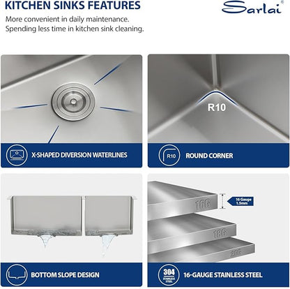 Sarlai 33 Undermount Kitchen Sink Double Bowl - 33x19 Inch Kitchen Sink Undermount 60/40 Stainless Steel 16 Gauge Round Corner Double Basin Under Counter Sinks Basin