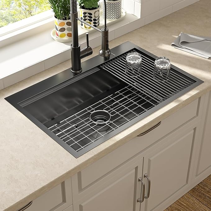 Lordear 36 Inch Black Drop In Kitchen Sink - 36x22x10 Inch Drop in Top Mount Sink 16 Gauge Stainless Steel Single Bowl Ledge Worktation Kitchen Sinks Handmade Deep Basin With Cutting Board