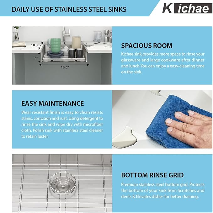 Kichae 18 Inch Undermount Kitchen Sink Single Bowl 16 Gauge Stainless Steel Handmade Modern Bar Prep 5" ADA Small Kitchen Sink Round Corner