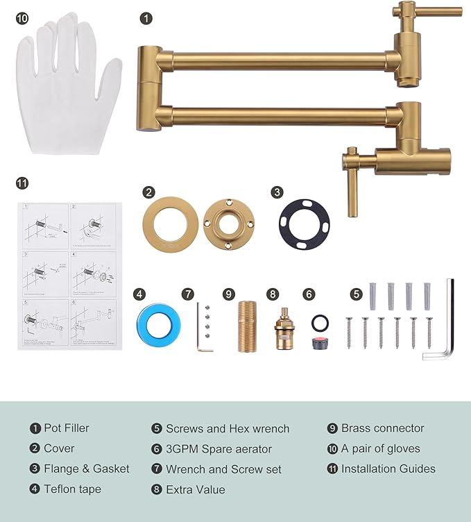 Gold Pot Filler Faucet, Wall Mount Copper Folding Faucet 2 Handle with Double Joint Swing Arms, Single Hole Brass Kitchen Faucet Over Stove