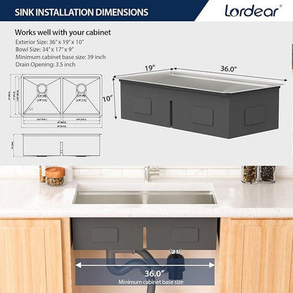 Lordear 36 Inch Undermount Kitchen Sink 50/50 Double Bowl Stainless Steel Kitchen Sinks Low Divided 16 Gauge Undermount Sink 36x19x10 Inch Handmade
