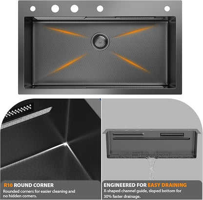 Mocoloo 30 Inch Black Honeycomb Waterfall Kitchen Sink Drop in, 30x19 Inch Stainless Steel Workstation Sink 16 Gauge Topmount Single Bowl Sink with Complete Kit