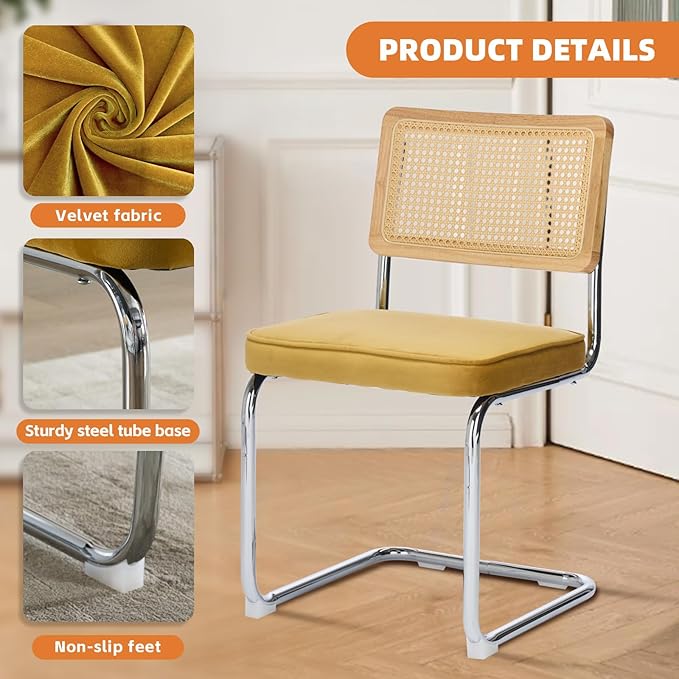 Rattan Back Velvet Dining Chair Set of 4 Modern Stainless Chrome Base Armless Upholstered Side Chair for Dining Room, Kitchen Island, Gold