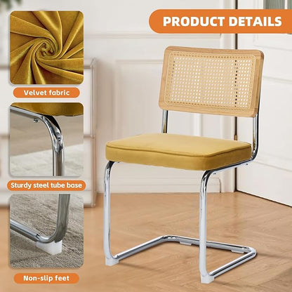 Rattan Back Velvet Dining Chair Set of 4 Modern Stainless Chrome Base Armless Upholstered Side Chair for Dining Room, Kitchen Island, Gold