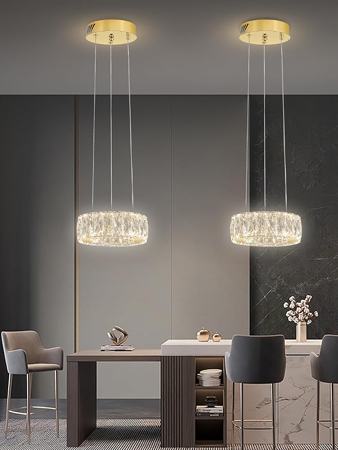 Modern LED Dimmable Crystal Chandelier 8" Ring Gold Pendant Light Fixtures for Kitchen Island Dining Room Living Room