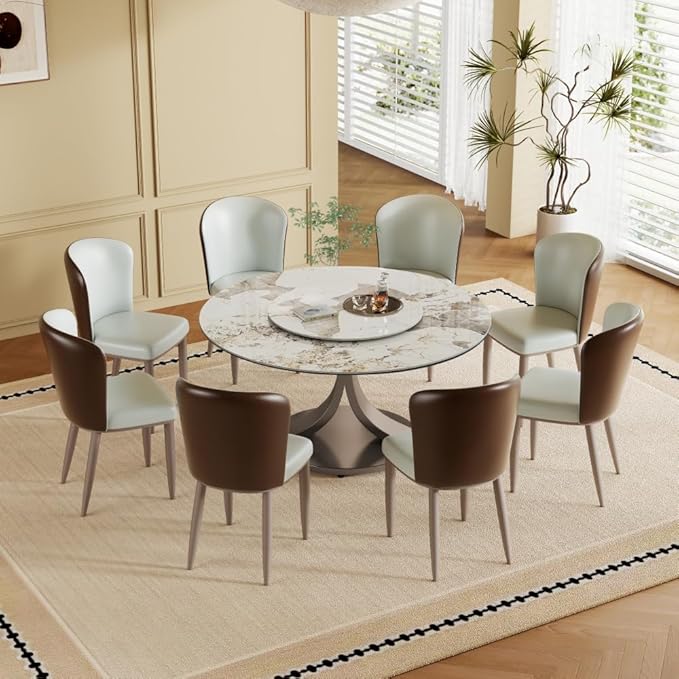 Modern Sintered Stone Dining Table for 4-6, Luxury Rectangular Kitchen Dinette with Faux Marble Top & Heavy-Duty Metal Legs, Heat-Resistant Furniture for Dining Room (59" + 8 Chairs)