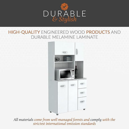 Inval America 4-Door Kitchen Microwave Storage Cabinet with 3 Drawers, Kitchenette Standing Pantry, 71"H x 23.6"W x 17.1"D, White