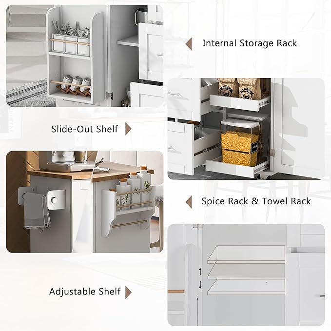 RUNNA Rolling Kitchen Island with Storage, White09, 3 Drawer, 2 Slide-Out Shelf, Internal Storage Rack, Kitchen Cart on Wheels with Spice Rack & Tower Rack