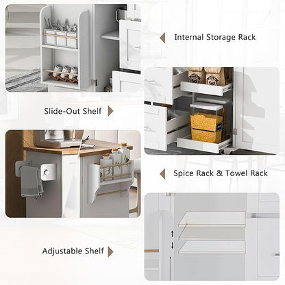 RUNNA Rolling Kitchen Island with Storage, White09, 3 Drawer, 2 Slide-Out Shelf, Internal Storage Rack, Kitchen Cart on Wheels with Spice Rack & Tower Rack
