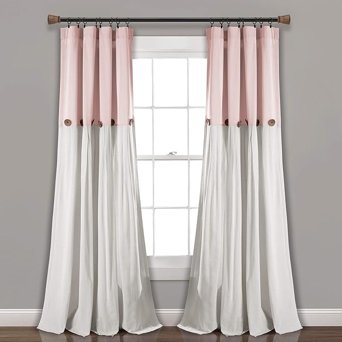 Lush Decor Linen Button Window Curtain Panel, Single, 40" W x 84" L, Blush & White - Country Curtains - Rustic Decor - Color Block Modern Farmhouse Curtains For Living Room, Bedroom & Dining Room