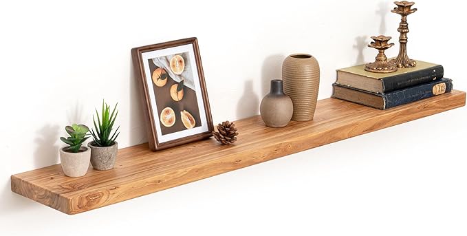 48 Inch Flat Edge Floating Shelves, 8 Inch Deep Solid Elm Wood Wall Shelf, Heavy-Duty Wall Mounted Shelf with Invisible Brackets for Living Room, Bathroom, Kitchen, Set of 1, Natural Color