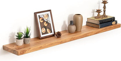 48 Inch Flat Edge Floating Shelves, 8 Inch Deep Solid Elm Wood Wall Shelf, Heavy-Duty Wall Mounted Shelf with Invisible Brackets for Living Room, Bathroom, Kitchen, Set of 1, Natural Color