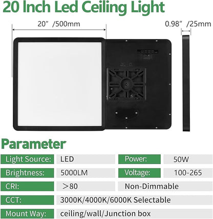 FY WISDOM FLY LIGHTING 20 Inch Large LED Flush Mount Ceiling Light, 50W, 5000LM, Selectable 3000K/4000K/6000K CCT,Square Flat Panel Low Profile Light Fixture (Black, 20“ 2PK)