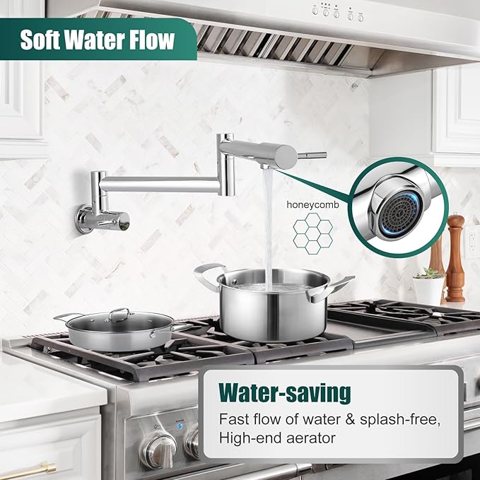 Heyalan Pot Filler 19 Inch Wall Mount Folding Stretchable Kitchen Restaurant Faucet Stainless Steel Pot Filler Double Joint Swing Arm Two Handles Commercial NPT,Straight Handle,Polish Chrome