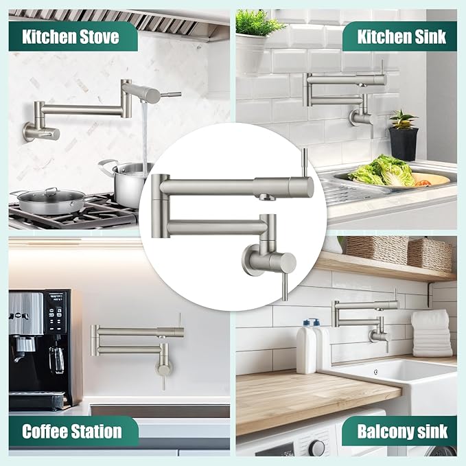 Heyalan Pot Filler 19 Inch Wall Mount Folding Stretchable Kitchen Restaurant Faucet Stainless Steel Pot Filler Double Joint Swing Arm Two Handles Commercial NPT,Straight Handle,Brushed Nickel