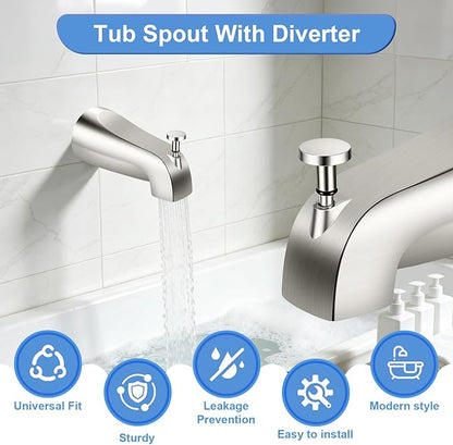 Universal Tub Spout with Diverter, Fits 1/2" Slip on Copper Pipe and 1/2" IPS & 3/4" IPS Threaded, Bathroom Tub Faucet Replacement, Bathtub Spout with Adapter and Hex Wrench (Brushed Nickel)