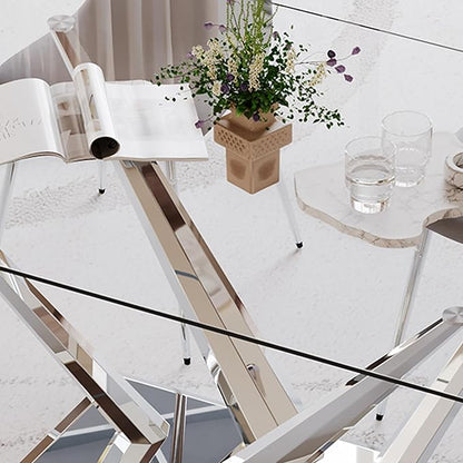 Luxury Silver Glass Dining Table for 4-6 Modern 63-Inch Rectangular Kitchen & Dining Room Table with Double V-Shape Stainless Steel Base Large Clear Glass Top Dining Table for Home Office