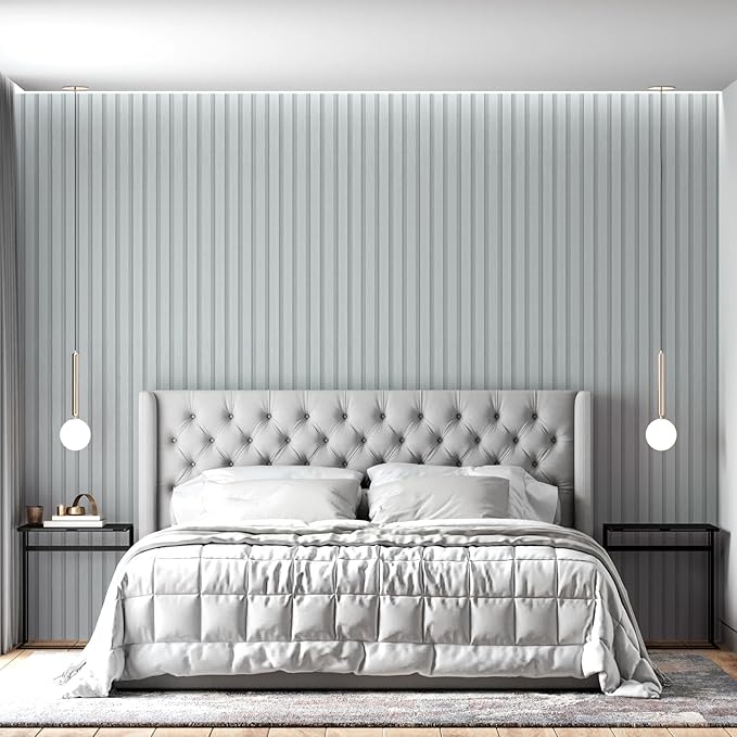 Yun-aeon Wood Slat Peel and Stick Wallpaper 17.3"x 300" Light Grey Wood Grating Stripe Contact Paper Removable Faux Wood Panels Wallpaper Self Adhesive Waterproof Vinyl Wall Paper for Bedroom Kitchen