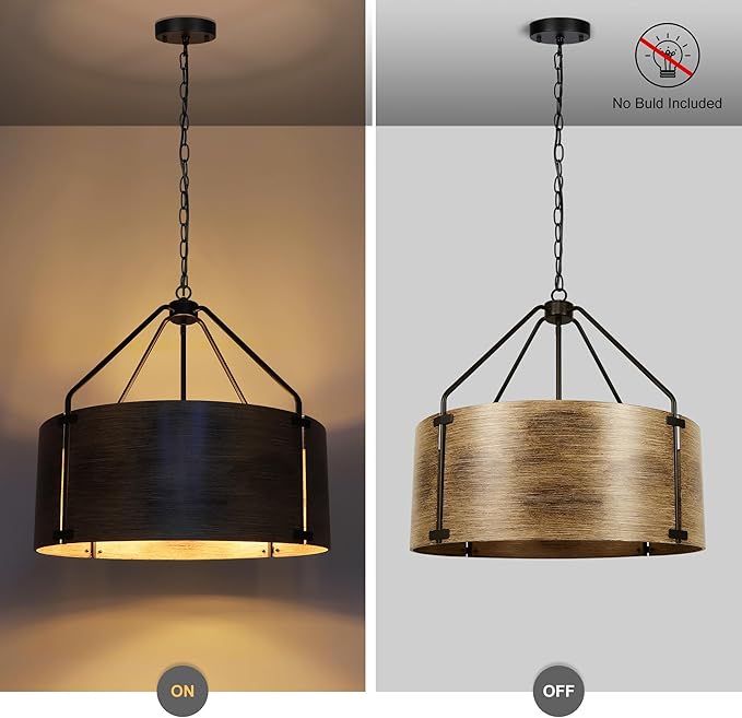 CNRATYE 6-Light Farmhouse Dining Room Light Fixtures Over Table, Vintage Industrial Large Drum Chandelier, Rustic Round Coastal Chandelier for Entryway Kitchen Island, Antique Woodgrain Finishe