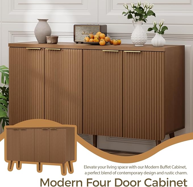 Walnut 47.2" Modern Fluted Wood Sideboard – 4-Door Buffet Cabinet with Adjustable Shelves, Multi-Space Storage Credenza for Living Room, Dining Room & Entryway