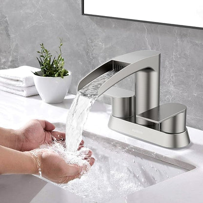 Bathroom Sink Faucet for 3 Hole, Hurran 4 Inch Bathroom Faucets with Pop-up Drain, Stainless Steel 2-Handle Waterfall Faucet for Sink, Brushed Nickel