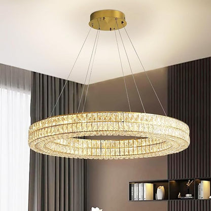 Led Ring Crystal Chandelier for Living Room, Modern Dimmable Chandeliers Lighting and Hanging Adjustable, LED Round Ceiling Chandelier for Dining Room (40inch,Gold)