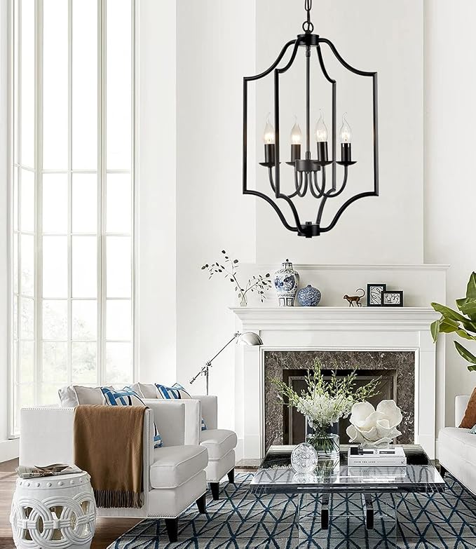 NA 4-Light Farmhouse Chandelier Fixture Rustic Industrial Pendant Lighting Adjustable Height Metal Cage E12 Hanging Lights for Kitchen Island, Dining Room, Living Room, Bedroom, Foyer, Entry