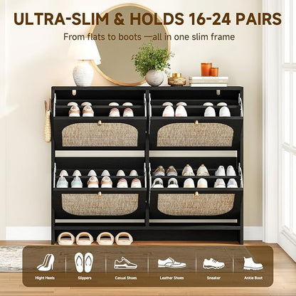 Nicetree Shoe Storage Cabinet for Entryway, Rattan Vintage Flip Shoe Rack- 4 Flip Drawers & 3-Tier Adjustable Shelves,Boho Shoe Organizer for 28-36 Pairs - Fits Size 12 Boots, 9.5" Ultra Slim