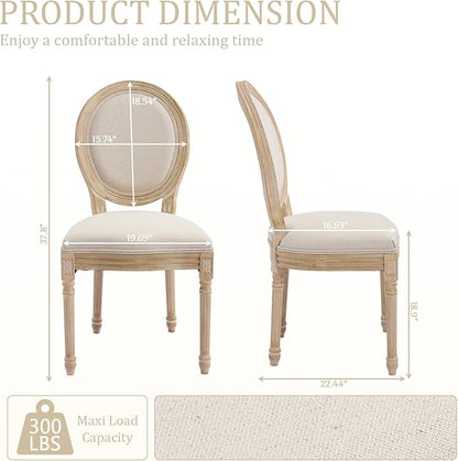 French Country Dining Chairs Set of 2, Upholstered Rattan Dining Chair with Round Backrest, Farmhouse Vintage Dining Chairs for Living Room, Kitchen, Restaurant (Beige-Padded, Set of 2)