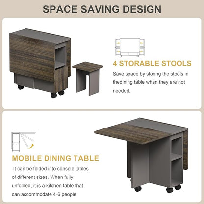 Modern Dining Table with Cabinet and Removable Wheels, Multi-Functional Kitchen Island, Side Table, Coffee Table, Console, Adjustable Design,Brown-MDF